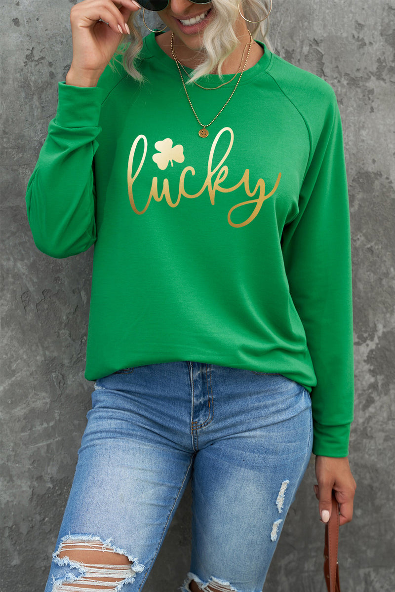 Green Lucky Glitter Graphic Raglan Sleeve Pullover Sweatshirt