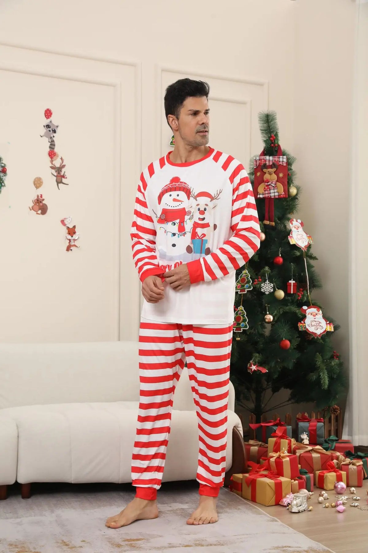 New Christmas family home dress Christmas Deer Snowman family suit red and white stripes patchwork printed pyjamas two-piece set