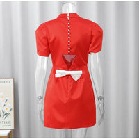 Elegant Women Luxury Formal Hollow Red O-neck Mini Dress Fashion Bow Pad Shoulder Evening Vestidos Ladies Street Party Vestidos