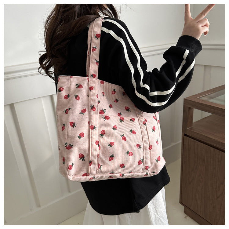 Corduroy Handbag Strawberries Beach Bag Fashionable Versatile Shoulder Bag LargeCapacity Simple Commuter Women's Tote Bag Bolsos