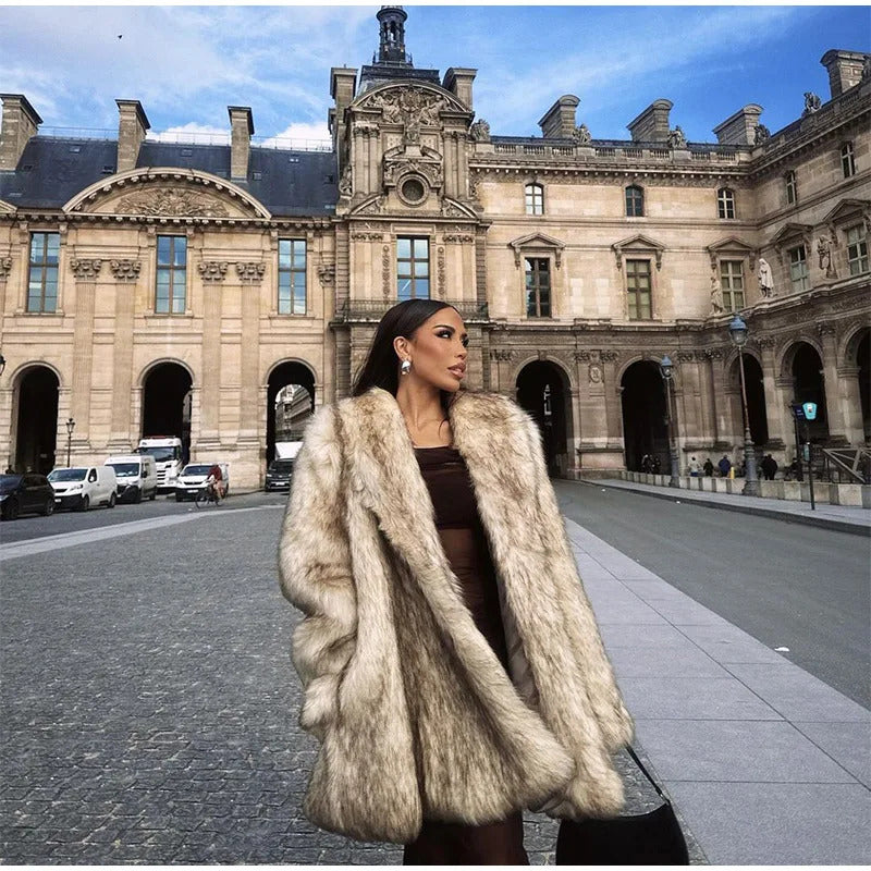 Luxury Fluffy Women Faux Fur Overcoat Fashion Lapel Long Sleeve Pockets Cardigan Jacket Winter Female Chic Thick Streetwear 2024