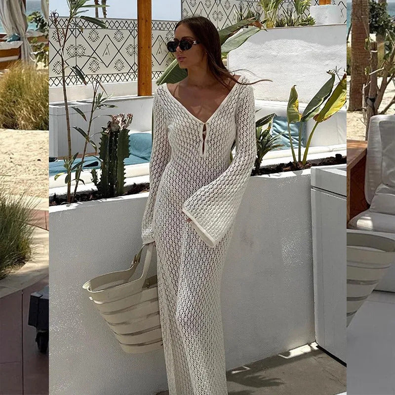 Tossy White Knit Fashion Cover up Maxi Dress Female See-Through V-Neck Hollow Out Beach Holiday Dress Knitwear Backless Dress