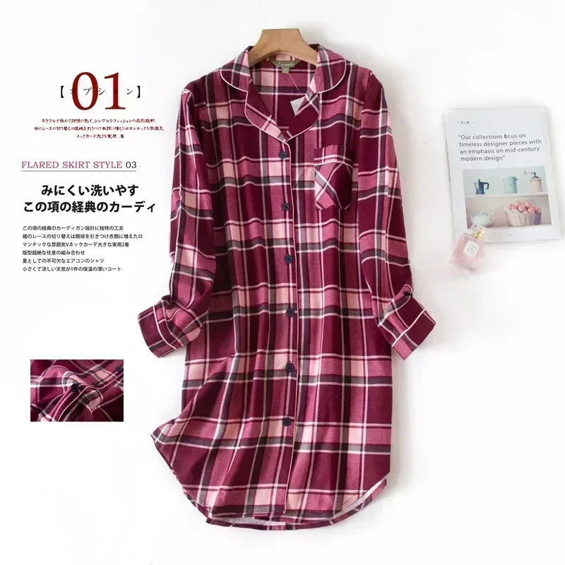 Flannel Cotton Home Nightdress Cardigan Shirt Night Dress Cute Cartoon Plaid Design Sleepwear Fashion Sleeping Shirt Woman