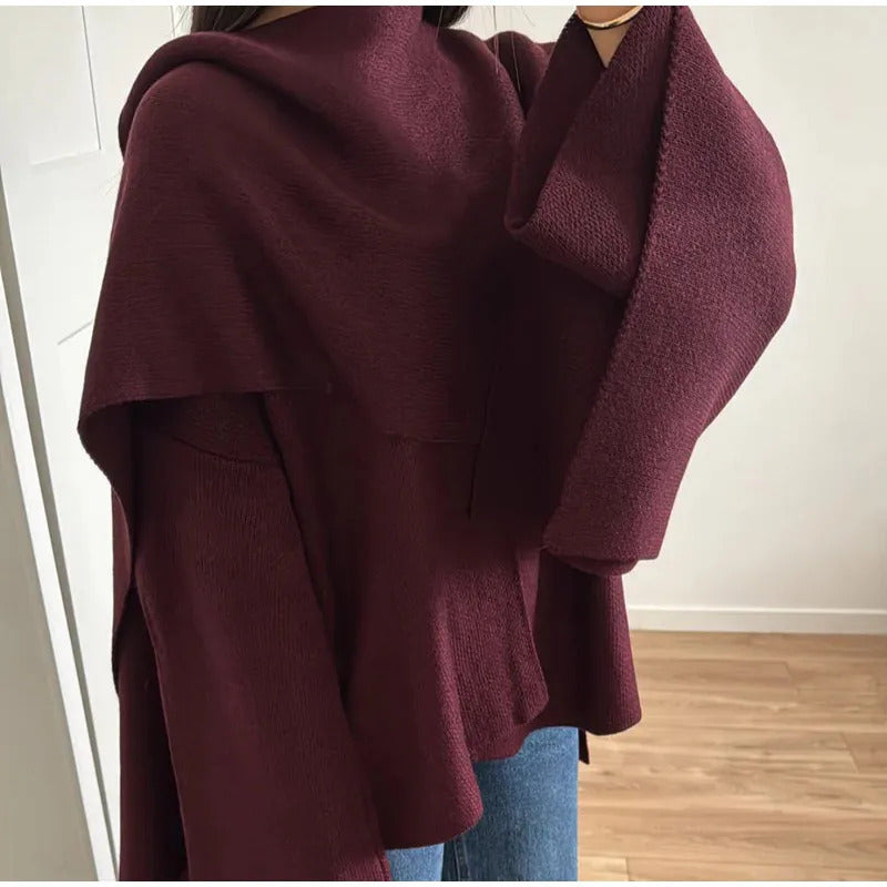 2024 Burgundy Women's Chic Scarf Collar Jackets Autumn Fashion Long Sleeved Casual Loose Coat New Ladies Elegant Street Outwear