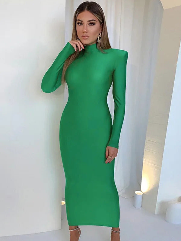 Shoulder Padded Long Sleeve Bodycon Green Party Club Maxi Long Dress  Spring Autumn Women Fashion Elegant Clothes