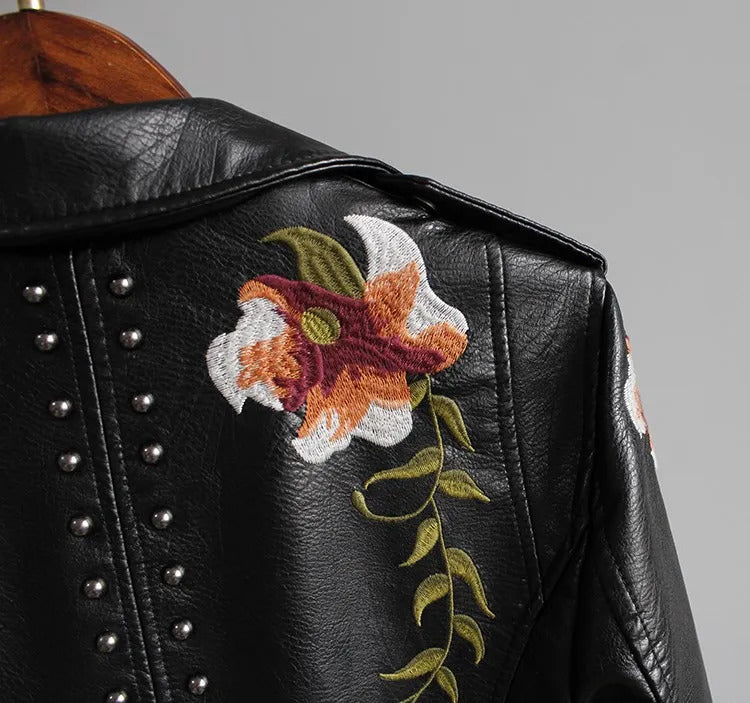 Women Floral Print Embroidery Faux Soft Leather Jacket Coat Turn-down Collar Casual Pu Motorcycle Black Punk Outerwear