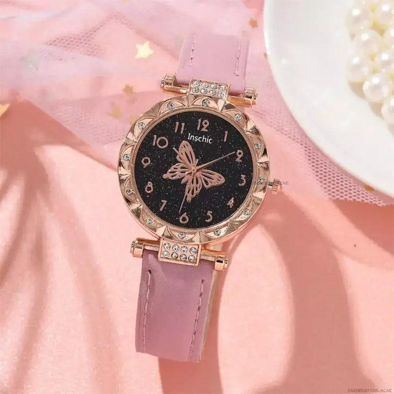 Women Fashion Watch Set No Box Quartz Wristwatch Luxury Crystal Rhinestone Pearl Quartz Watches Butterfly Watches Bracelet Set