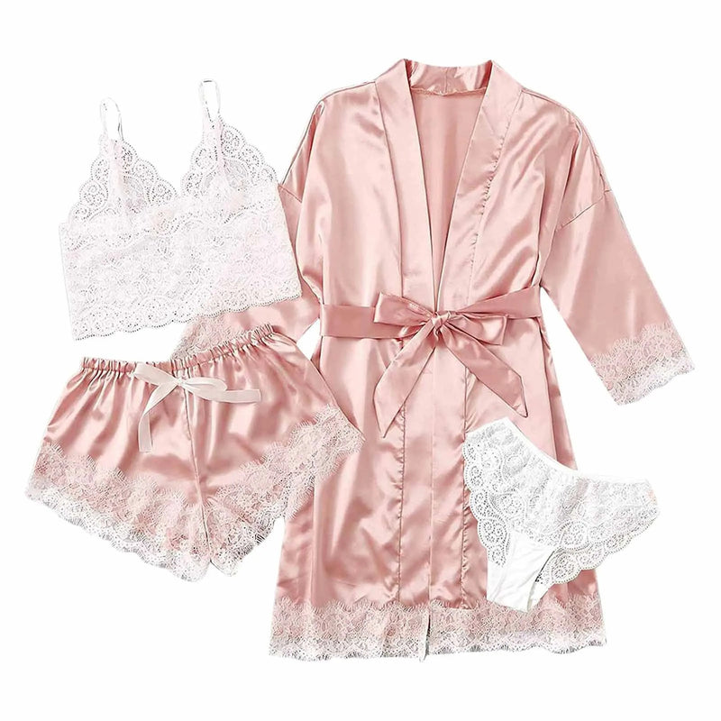 Women Fashion Pajama Print Sexy Lace Trim Faux Silk Satin Pajama Set Gown Skin Friendly Comfort Loungewear Sexy Pajamas