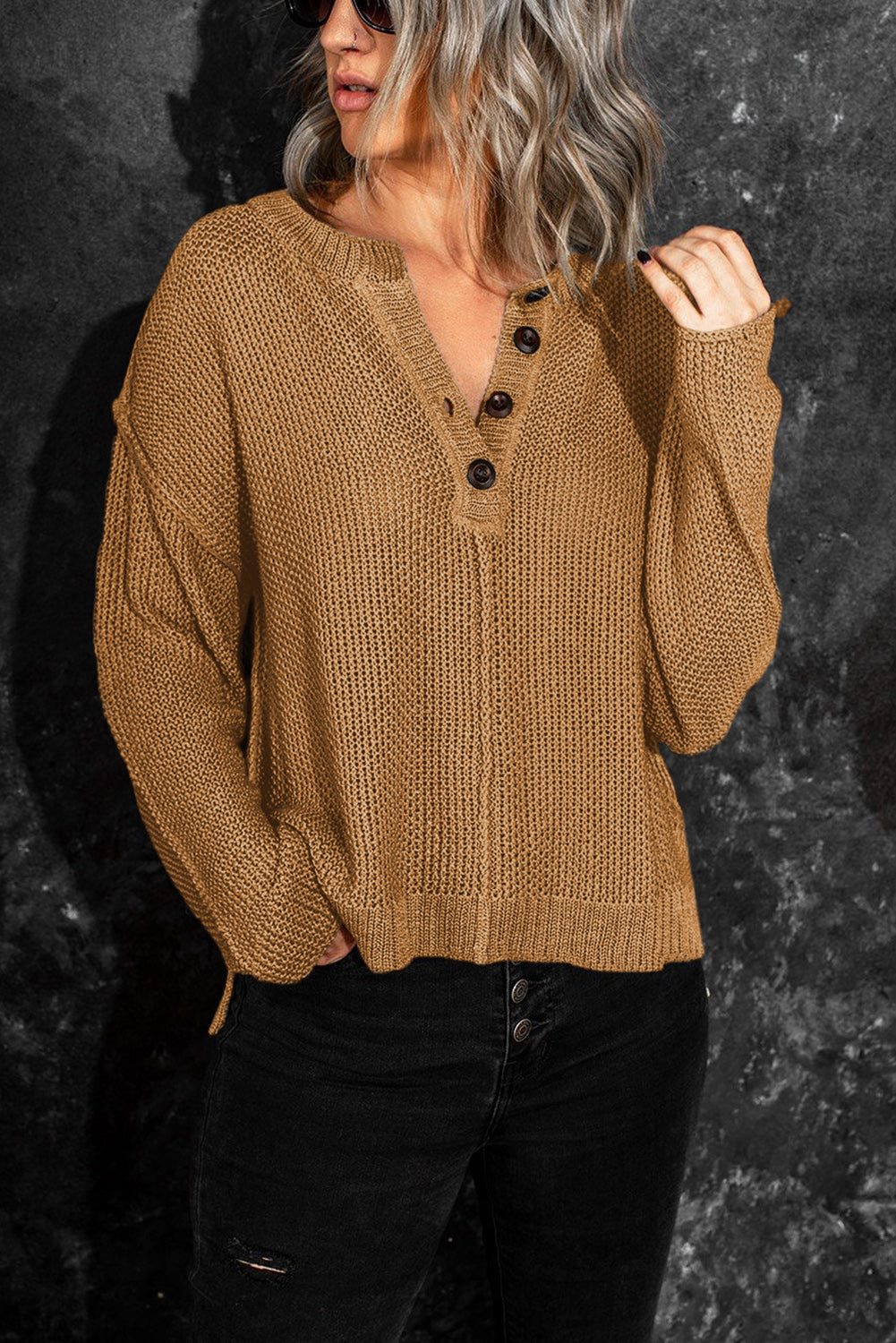 Buttoned Side Split Knit Sweater