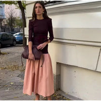 Fashion Contrast Splicing Pleated Long Dress For Women Casual Round Neck Loose Cropped Vestido 2025 Lady High Street Robe Spring