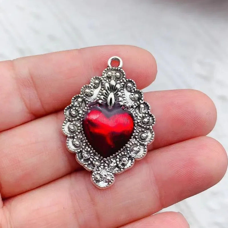 10pcs Mixed Silver Plated Enamel New Gothic Style Sacred Heart Alloy Pendant DIY Charms Earrings Necklace Jewelry Crafts Making