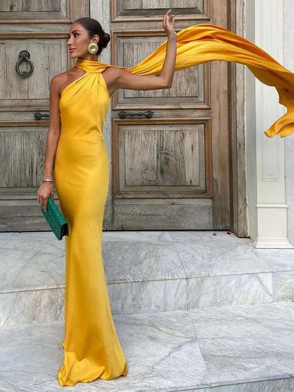 Elegant Satin Halter Party Dress Women Casual Slim Backless Sleeveless High Waist Female Robes 2024 Autumn Lady Evening Dresses