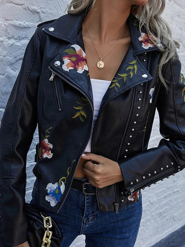 Ly Varey Lin Floral Print Embroidery Faux Soft Leather Jacket Women Pu Motorcycle Coat Female Black Punk Zipper Rivet Outerwear