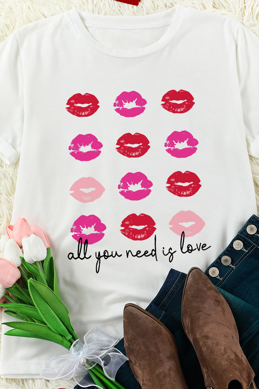 White all you need is love Valentines Kisses Graphic Tee