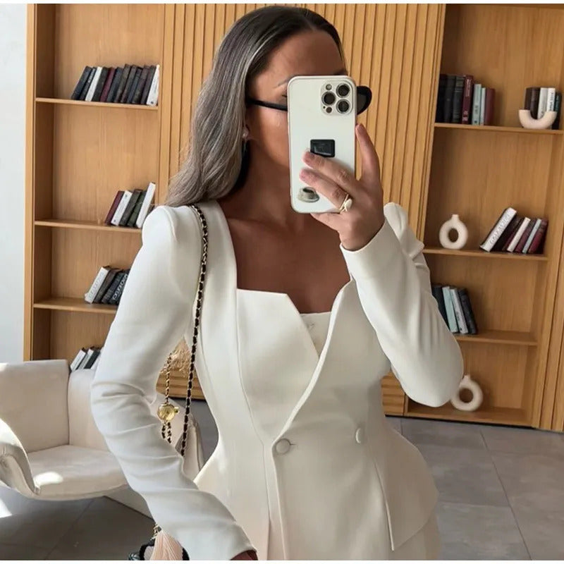 Elegant White Square Collar Long Sleeve High Waist Top Skirt Set Women Fashion Solid Slim Fit Suits 2025 Lady Chic Party Outfits