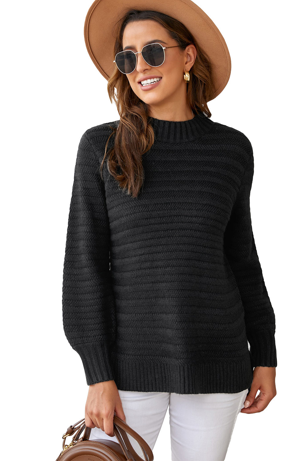 Black Solid Color Stand Collar Textured Sweater