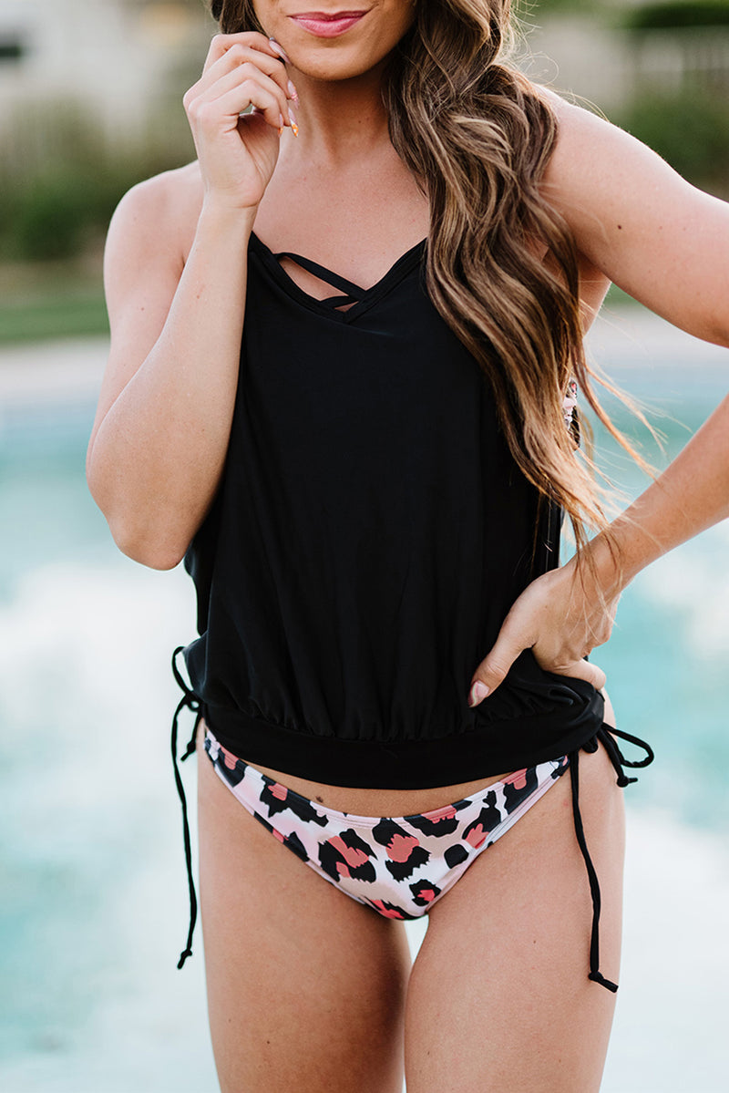 Light Blue Tankini with Stripes Patchwork