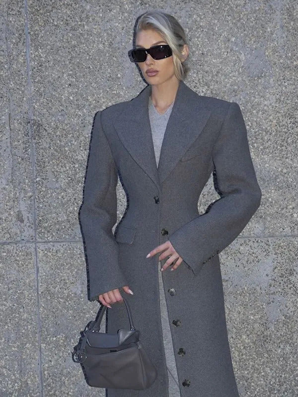 2024 Chic Grey Single Breasted Full Sleeve Wool Jackets Women's Casual Slim Fit Lapel Pockets Coat Female High Street Outerwears