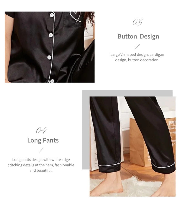 Women's Pajama Pocket Heart Embroidered Pajama Set Satin Comfortable Short Sleeve Button Pajama Lounge Pant For Women Sleepwear