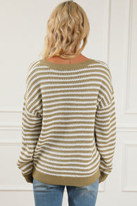 Khaki Chic Striped Knit V Neck Drop Shoulder Sweater