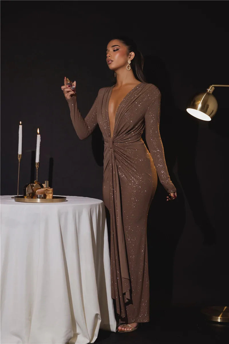 Mozision Glitter Deep V Neck Sexy Maxi Dress For Women Elegant Sparkle Long Sleeve Ruched Bodycon Split Club Party Sexy Dress