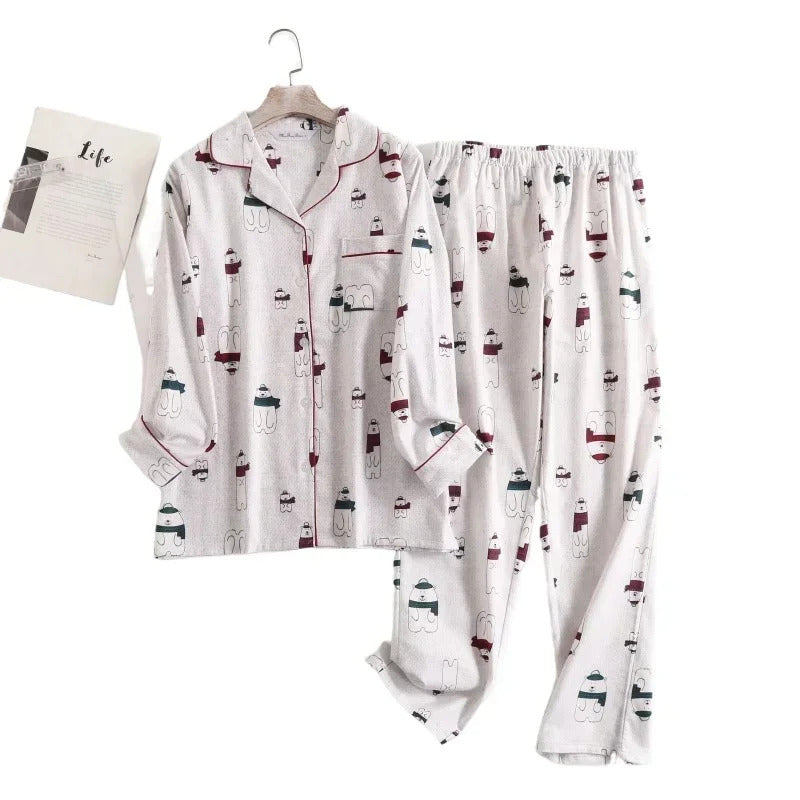 Cotton Flannel Women's Long Pants Pajamas Sets for Sleepwear Plaid Design Loose Autumn and Winter Long Sleeve Trouser Suits