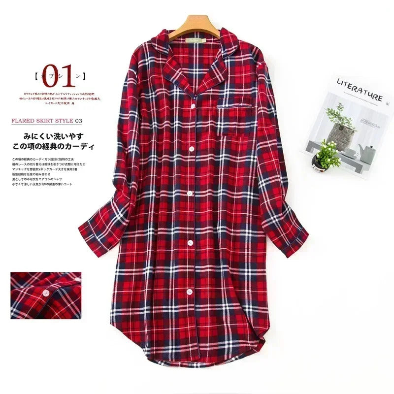 Flannel Cotton Home Nightdress Cardigan Shirt Night Dress Cute Cartoon Plaid Design Sleepwear Fashion Sleeping Shirt Woman