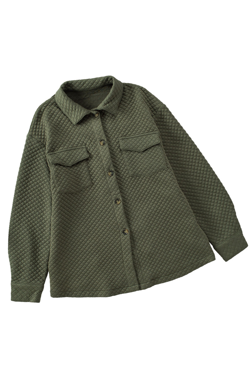 Green Retro Quilted Flap Pocket Button Shacket