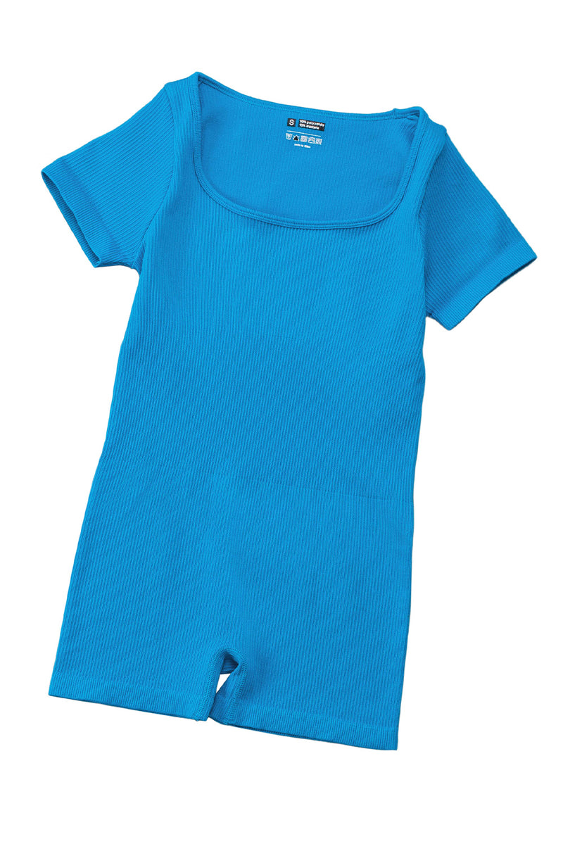 Sky Blue Ribbed Square Neck Short Sleeve Athleisure Romper