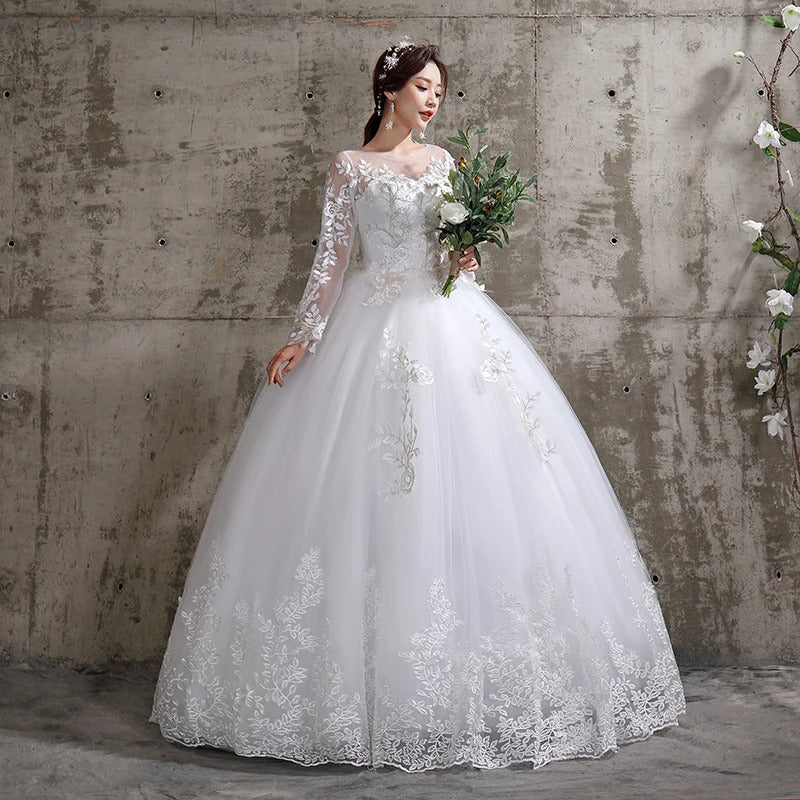 Customized Wedding Dress Style Bride Plus Size Flower Wedding Dresses Dreamy Full-sleeve Bridal Lace Up Dresses Ball Gowns