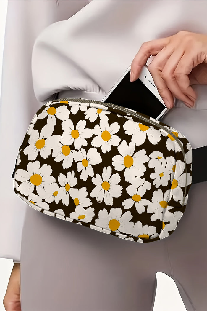 Black Daisy Printed Buckle Strap Crossbody Bag