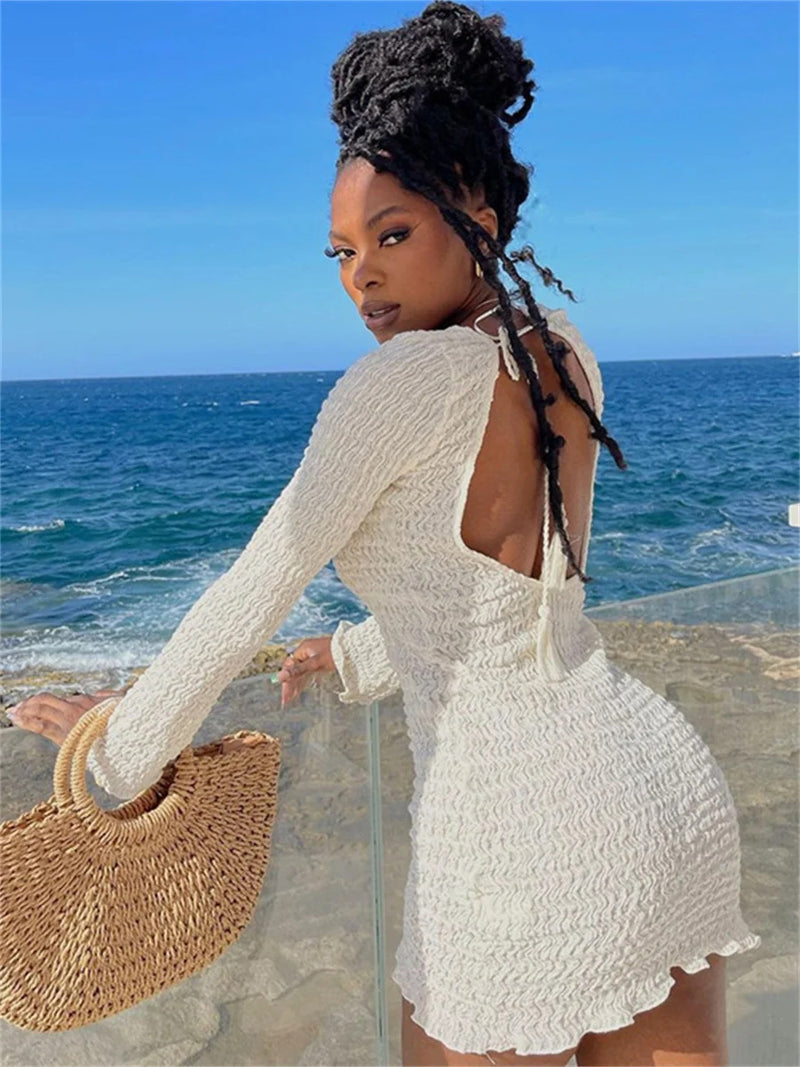 wsevypo Backless Bandage White Beach Dress 2022 New Holiday Casual Streetwear Women Long Sleeve O-Neck Wrap Short Dresses