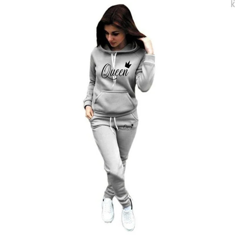 Hot women's 2-piece QUEEN print sports suit sportswear jogging suit women's hooded sportswear suit clothes hoodie+sweatpants