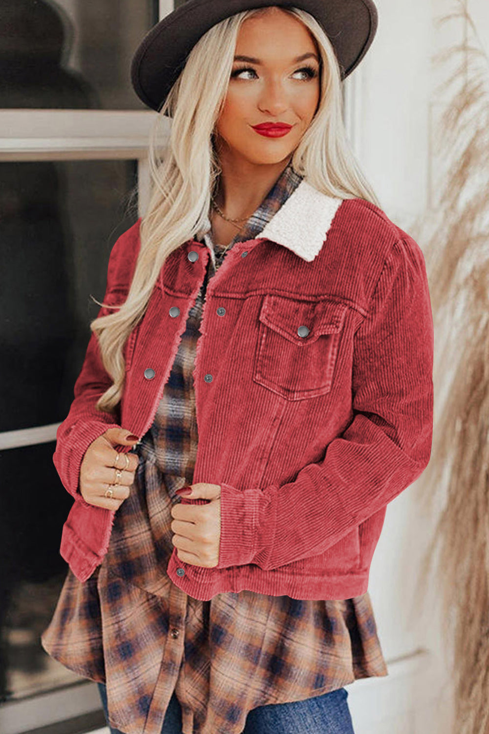 Fiery Red Corduroy Sherpa Snap Button Flap Jacket