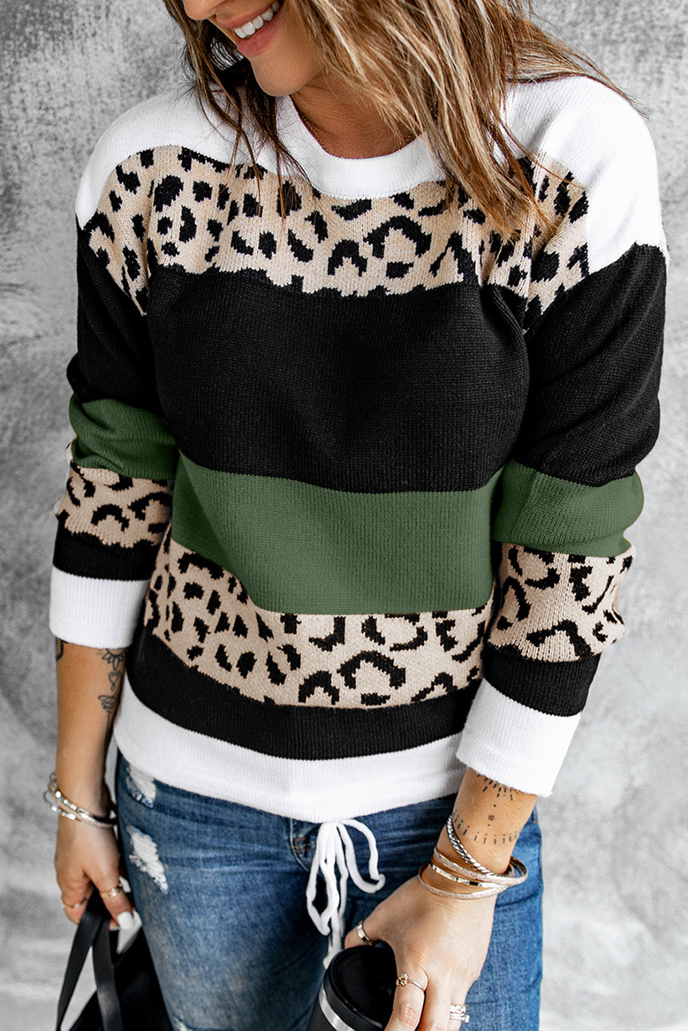 Green Crewneck Leopard Color Block Knit Pullover Sweater