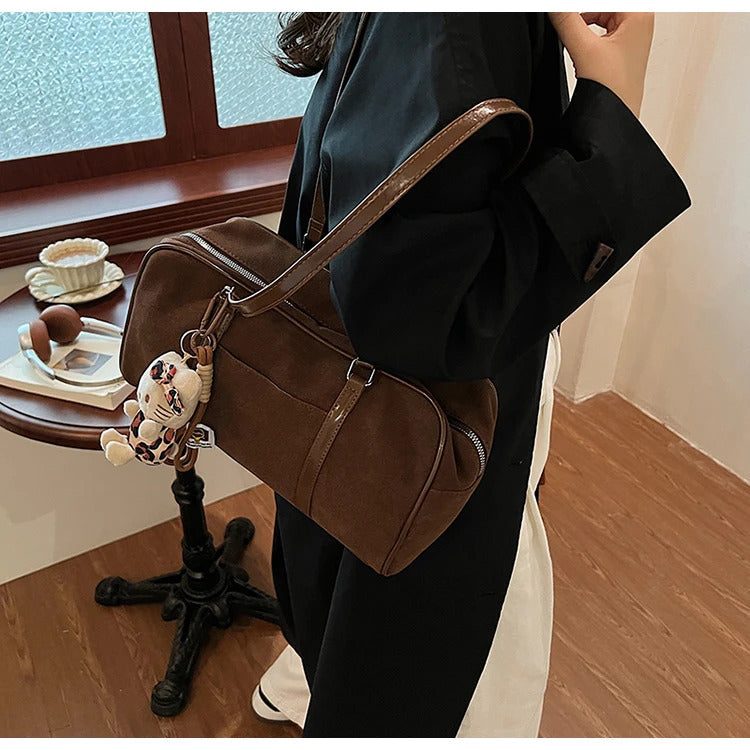 Casual Large Capaci Suede Bag Women 2024 New Autumn and Winter Retro Brown Commuter Shoulder Bag Pillow Bag