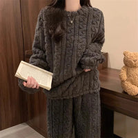 Thickened Warm Sleepwear for Winter Women Flannel Suit Student Pajamas Homewear Tops and Pants Striped Nightwear Loungewear