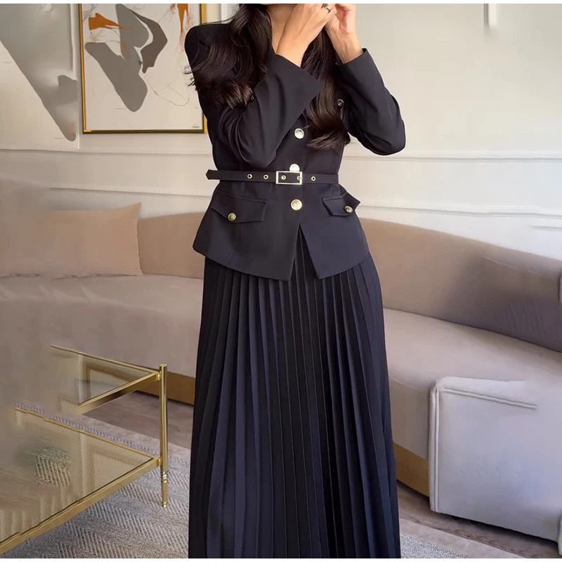 Elegant Women's Two Pieces Set Single-breasted Lapel Large Size Coat Belt Pleated Midi Skirt Suit 2025 Lady New In Matching Sets