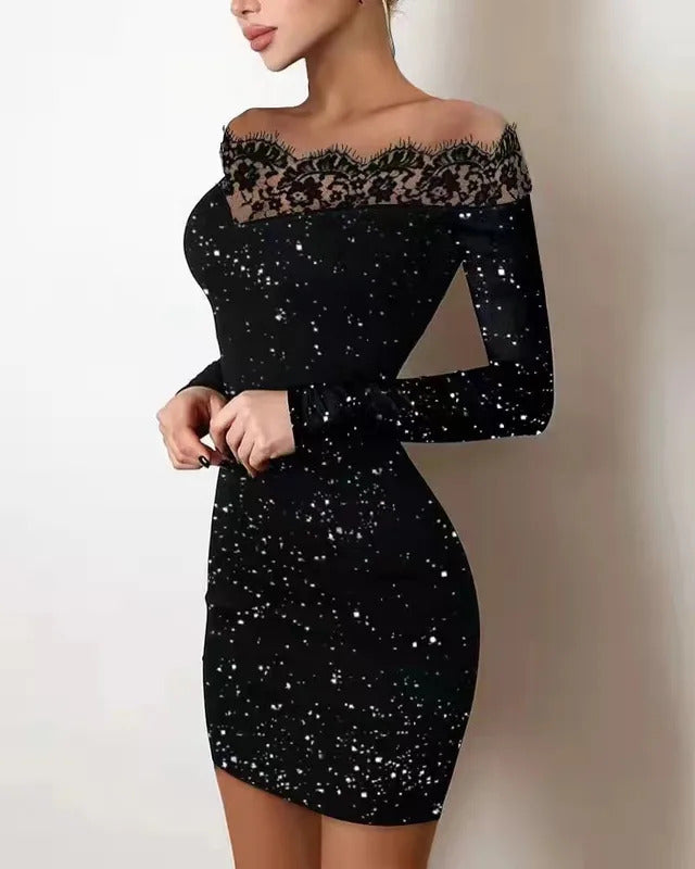 2024 New Spring Women's Fashion, Elegance, Leisure, Sexy Long sleeved Lace Edge, One Shoulder Silver Powder Sprinkled Dress