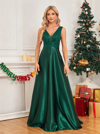 Lucyinlove Elegant Sequins Evening Dress For Women 2024 Deep V-neck Satin Prom Party Green Dress Floor Length Blue Formal Gowns