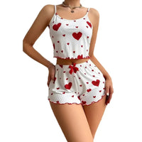 Hot Selling Womens Pajamas Set Sleepwear 2PCS Short Tank Tops And Shorts White Ventilate Soft Casual Red Love Printing Sleepwear