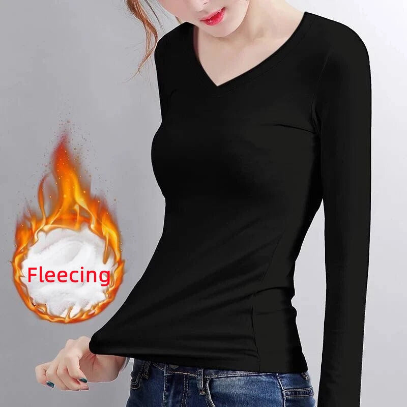 O Neck V Neck Long Sleeve Shirt Women Winter Bottoming Crop Tops Black Casual  Slim Basic Velvet Heating Fiber Thermal T-Shirts