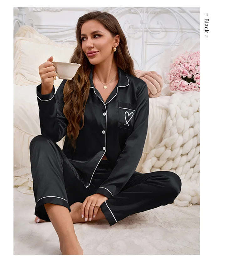 Autumn Satin Pajama for Women Heart-shaped Embroidery Sleepwear & Loungewear Long Sleeve Top & Pants Home Clothes Pyjama 2 Piece