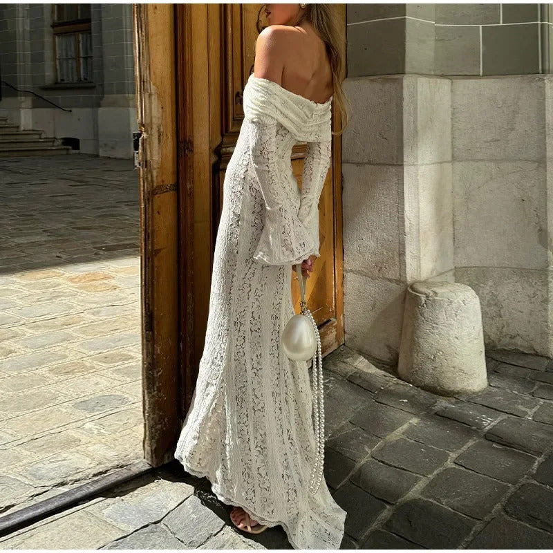 Elegant Off Shoulder Lace Maxi Dress Women Fashion Hollow Out Long Flare Sleeve Slim Dresses 2024 New Female Evening Party Gowns