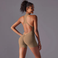 Sexy Hollow Backless Scrunch Butt Sport Jumpsuit Short Woman One Piece Gym Outfit Sleeveless Zipper Fitness Overalls Yoga Romper