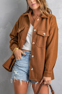 Brown Turn Down Collar Buttoned Baggy Coat with Pocket