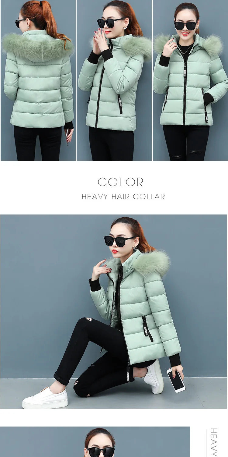 Zipper Fur Hooded Short Down Cotton Jacket Thickened Coat Fall Winter Casual Elegant Long Sleeve Warm Pockets Women Clothing New