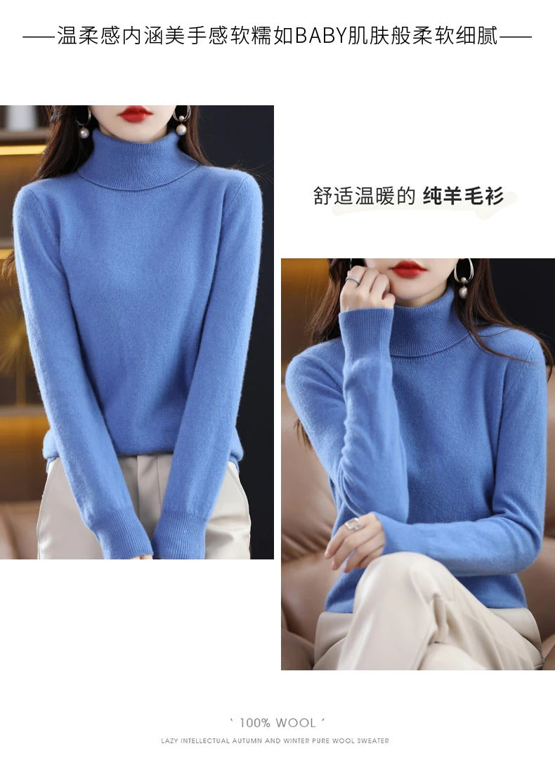 100% Merino Wool Cashmere Sweater Women Knitted Sweater Turtleneck Long Sleeve Pullovers Autumn Winter Clothing Warm Jumper Tops