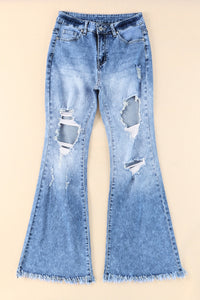 Sky Blue Distressed Damage Holes Raw Flare Leg Jeans