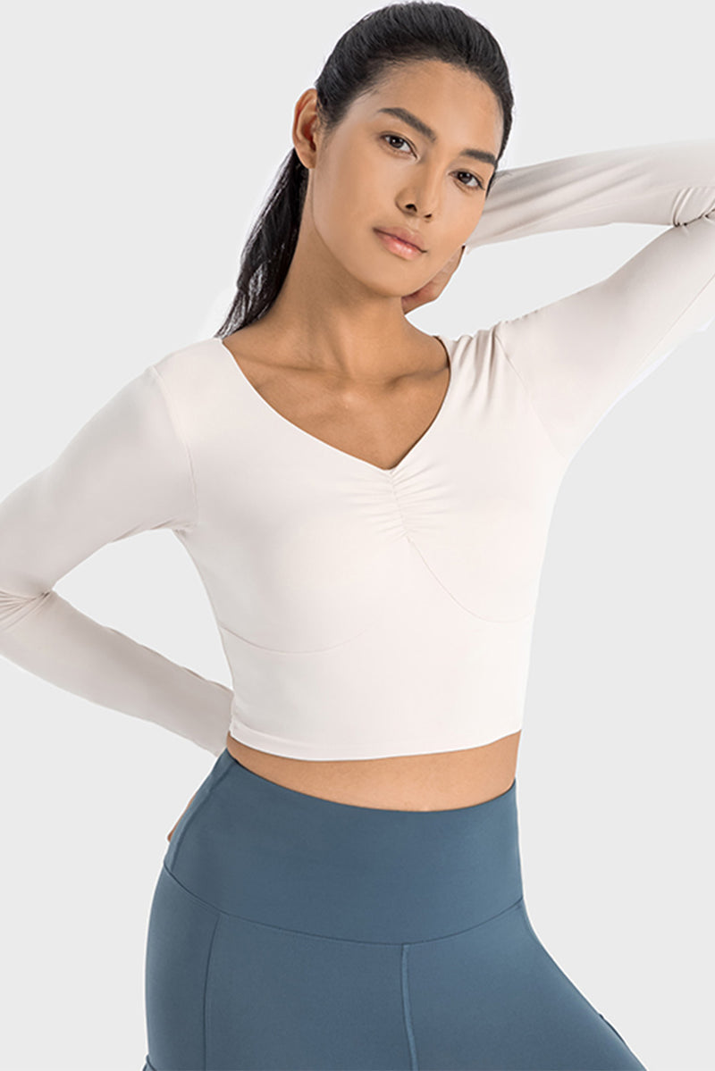 White V Neck Long Sleeve Cropped Sports Top